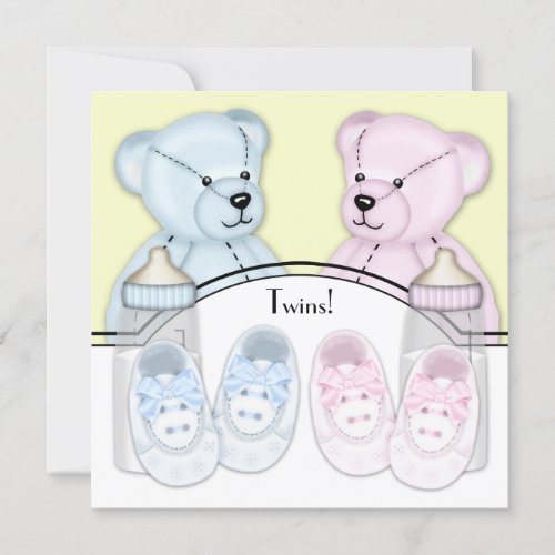 Pink Blue Teddy Bear Twin Baby Shower Invitations