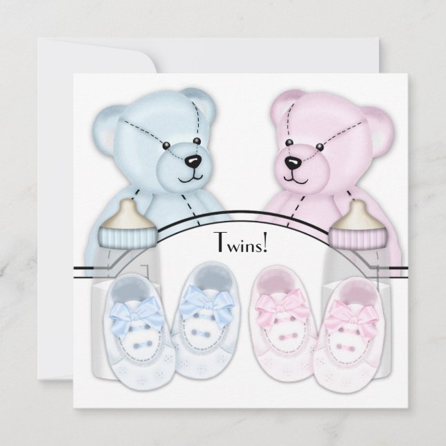 Pink Blue Teddy Bear Twin Baby Shower Invitations (Front)