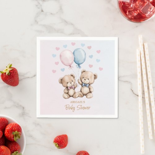 Pink Blue Teddy Bears Balloons Hearts Baby Shower Napkins