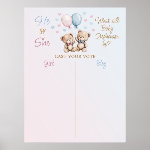 Pink Blue Teddy Bears He or She Voting Game Poster