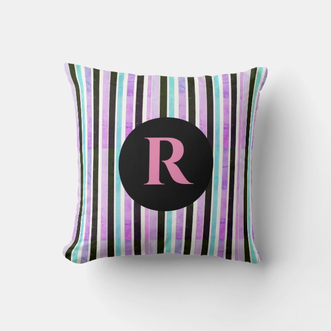 Pink Blue Texture Stripes Pattern Monogrammed Throw Pillow (Front)