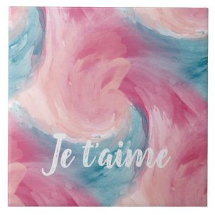 Pink & Blue Tie-Dye Watercolor with Je t’aime Ceramic Tile