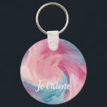 Pink & Blue Tie-Dye Watercolor with Je t’aime Keychain<br><div class="desc">This stylish pink and blue tie-dye watercolor design features a trendy painterly pattern in three popular colors—Beetroot Purple,  Blossom,  and Mosaic Blue. Personalize this chic design with your name or custom text,  or keep the elegant French phrase “Je t’aime” for a fashionable and romantic touch.</div>