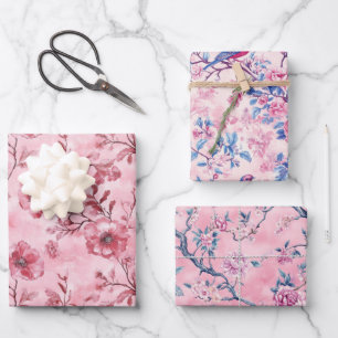 Pink Blue Toile Chinoiserie Florals Birthday Her Wrapping Paper Sheets