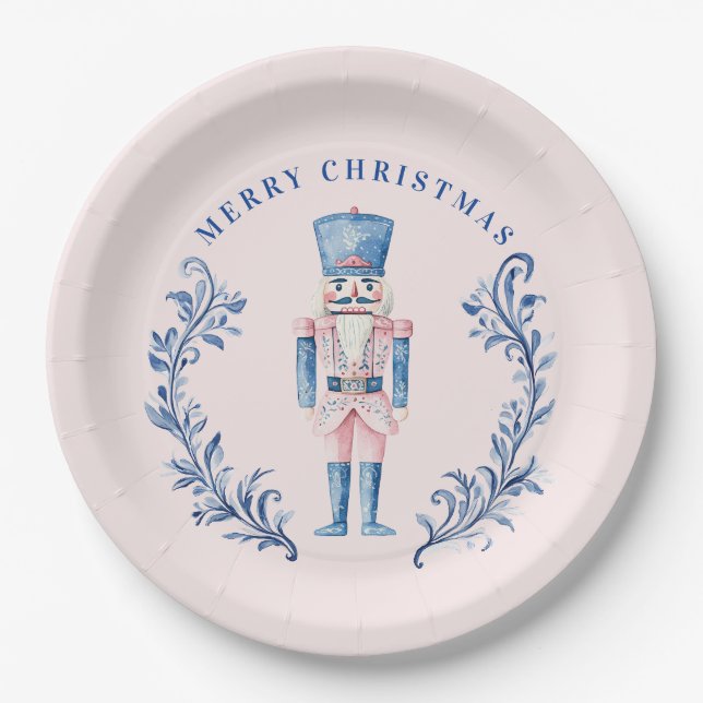 Pink & Blue Toile Crest Nutcracker Paper Plates (Front)