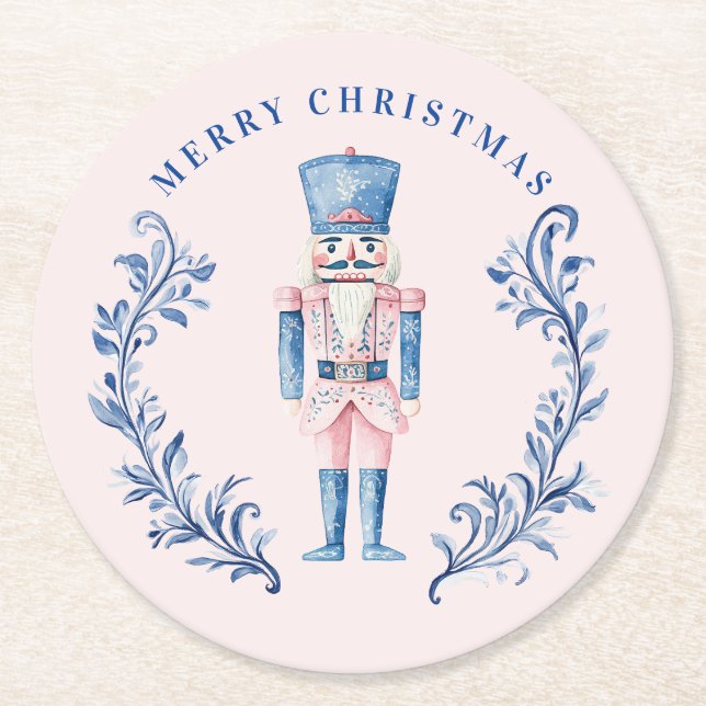 Pink & Blue Toile Crest Nutcracker Round Paper Coaster (Front)
