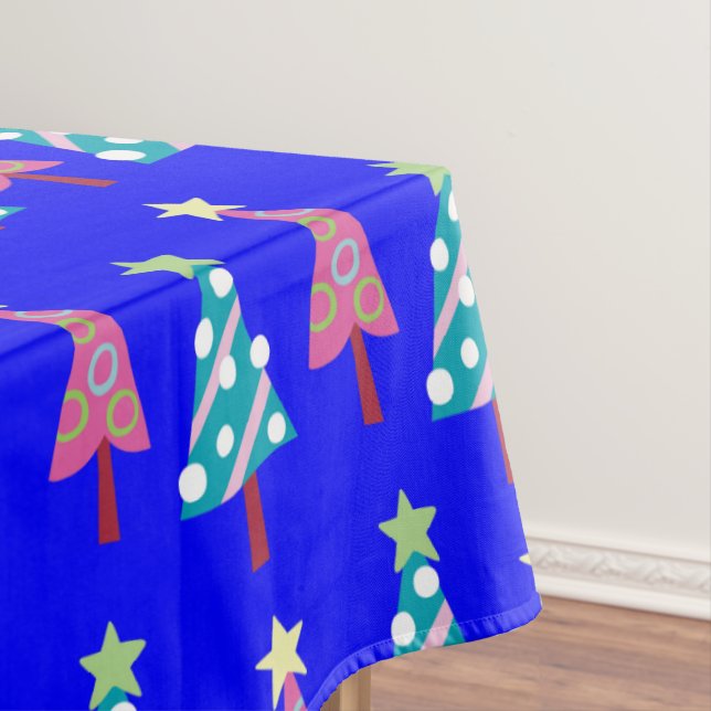 Pink & Blue Trees Blue Merry Christmas Tablecloth (In Situ)