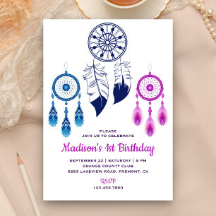 Pink Blue Tribal Boho Dream Catcher Birthday Party Invitation
