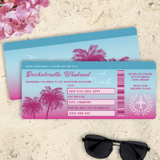 Pink Blue Tropical Bachelorette Trip Boarding Pass Invitation