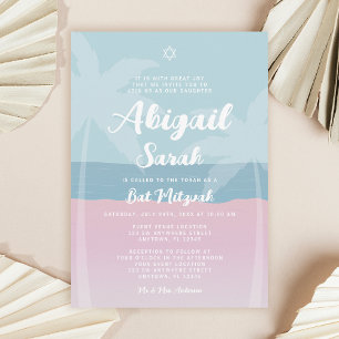 Pink Blue Tropical Beach Palm Trees Bat Mitzvah Invitation