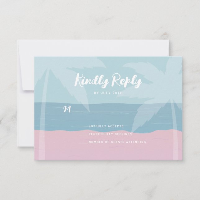 Pink Blue Tropical Beach Palm Trees Bat Mitzvah RSVP Card (Front)