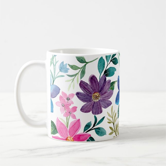 Pink Blue Tropical Emerald Floral Pattern Coffee Mug (Left)