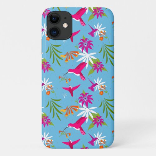 Pink Blue Tropical Hummingbird Patterned iPhone 11 Case