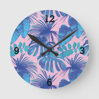 Pink Blue Tropical Palm Leaf Round Clock