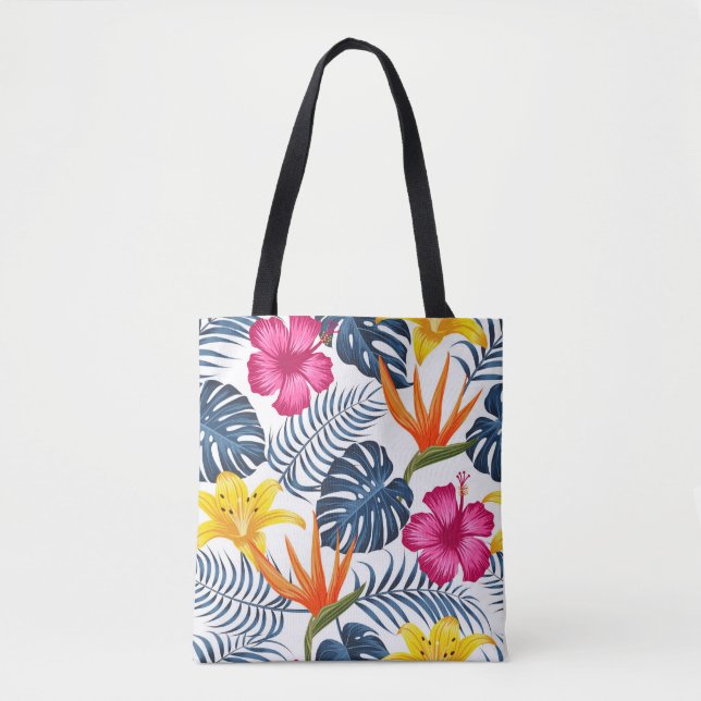 Pink Blue Tropical Shoulder Tote Bag (Front)