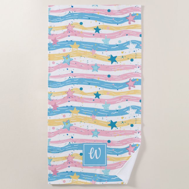 Pink Blue Turquoise Star Fish Striped Monogrammed Beach Towel (Front)