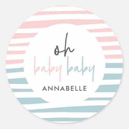 pink blue twin baby shower typography modern party classic round sticker