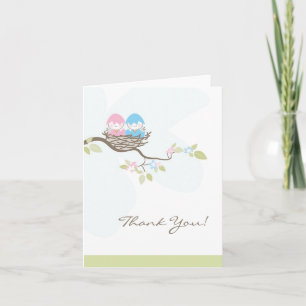 Pink & Blue Twin Birds in Nest Thank You Card
