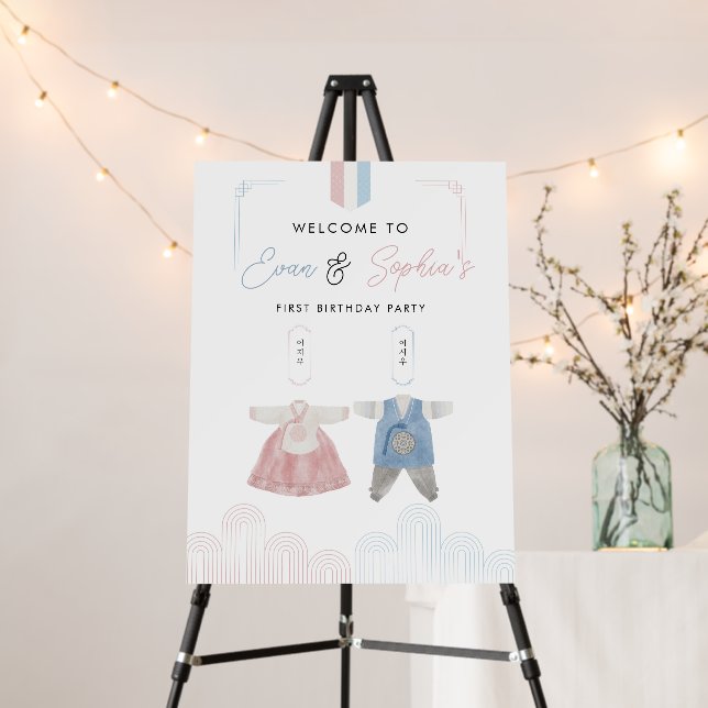 Pink Blue Twin Siblings Korean Doljanchi  Foam Board (In Situ (Stand))