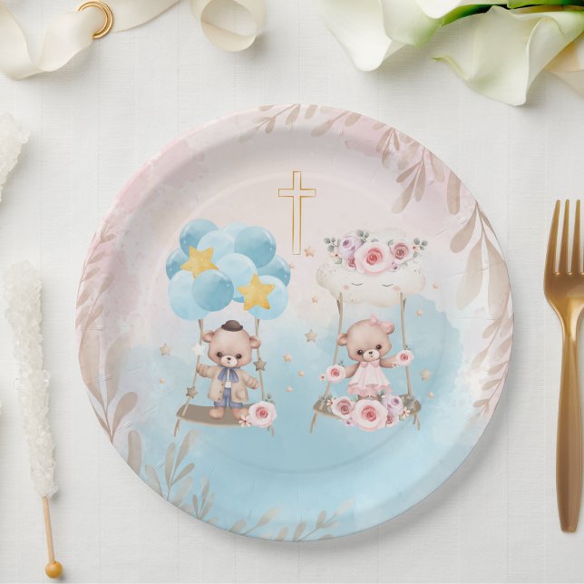 Pink & Blue Twin Teddy Bears on Swing Gold Cross  Paper Plates (Creator Uploaded)