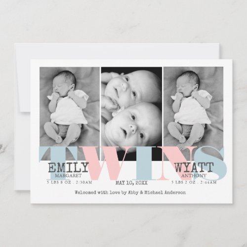 Pink  Blue Twins Baby Birth Announcement
