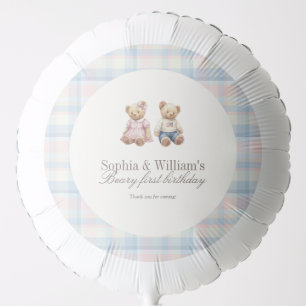 Pink Blue Twins Beary First Birthday Balloon