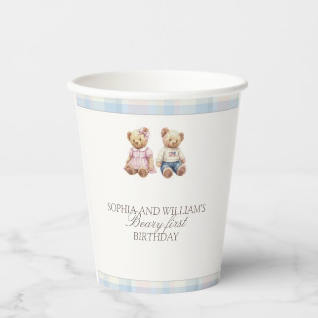 Pink blue Twins Beary First Birthday Paper Cups (Front)