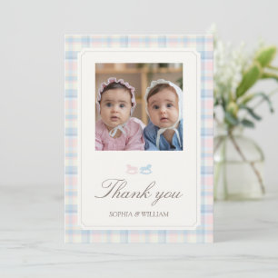Pink blue Twins Beary First Birthday Thank You Card