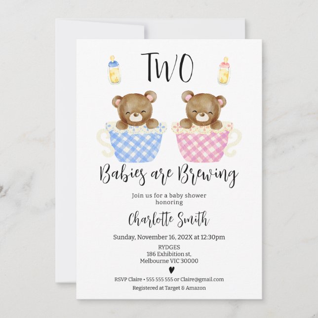Pink Blue Twins Two Babies Brewing Baby Shower Invitation (Front)
