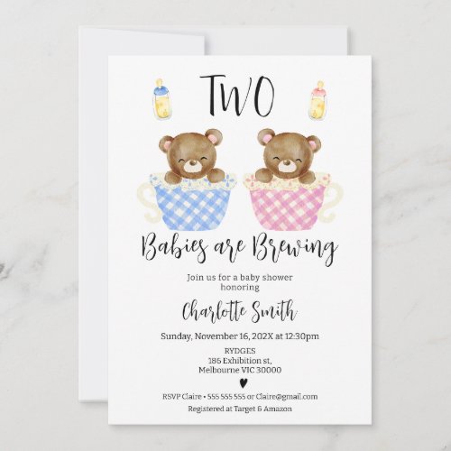 Pink Blue Twins Two Babies Brewing Baby Shower Invitation