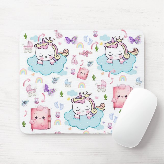 Pink, Blue Unicorn Rainbow Cat Mousepad (With Mouse)