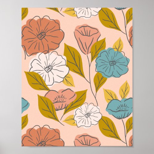 Pink Blue Vintage Abstract Wildflower Floral Leaf Poster