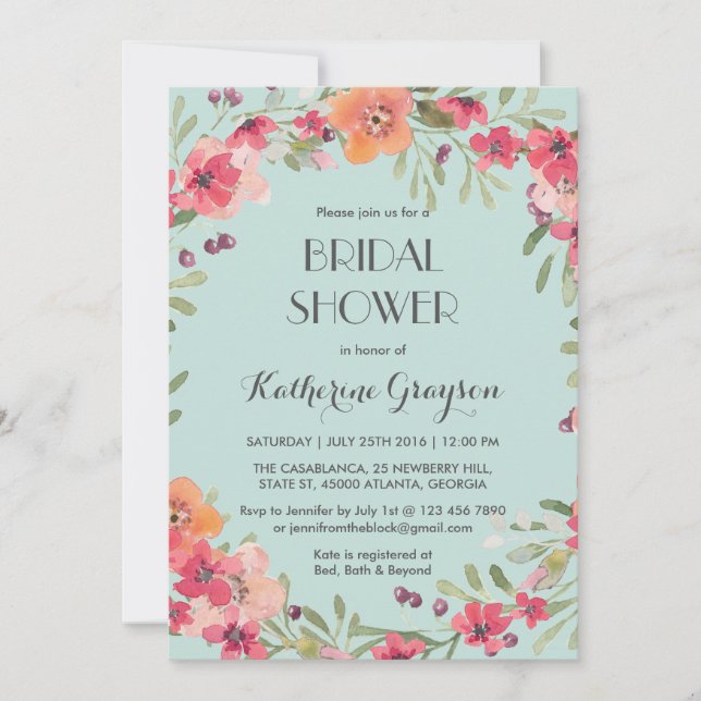 Pink Blue Vintage Flower Bridal Shower Invitation (Front)