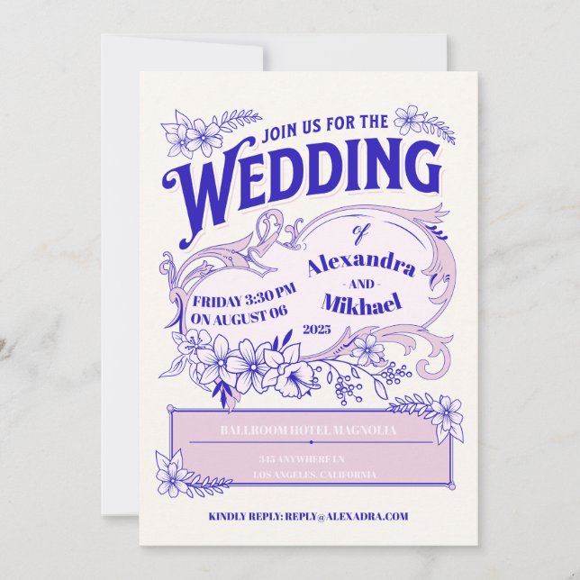 Pink Blue Vintage Library Book Wedding Invitation (Front)