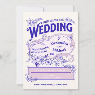 Pink Blue Vintage Library Book Wedding Invitation