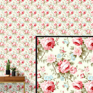 Pink Blue Vintage Rose Floral Shabby Chic Lemon Wallpaper