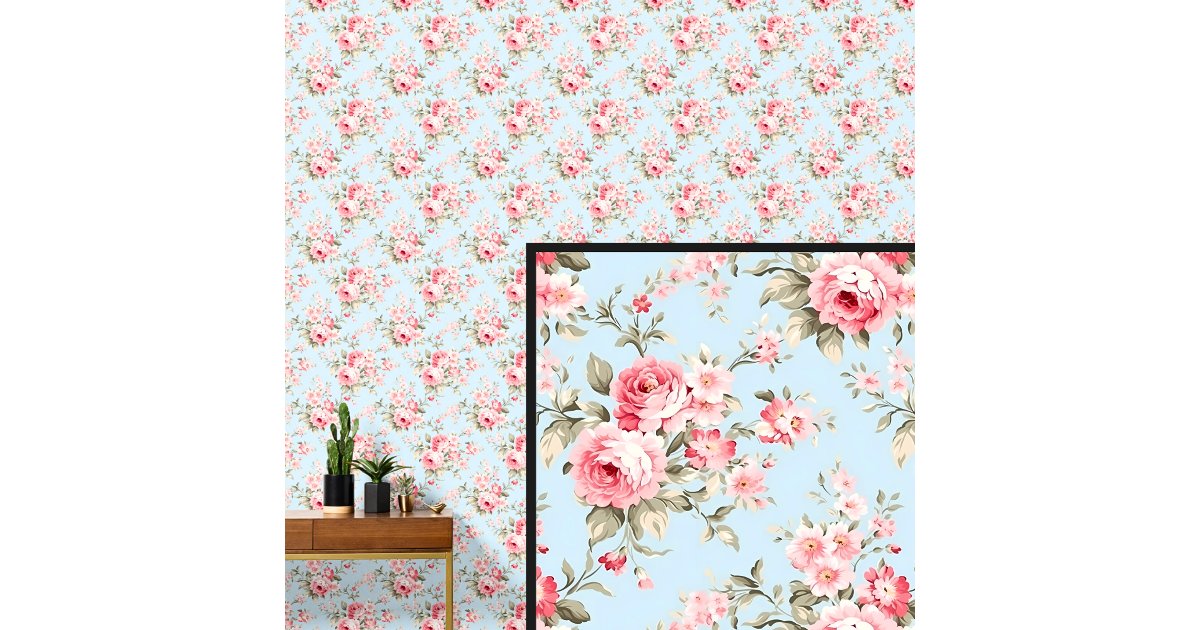 Pink Blue Vintage Rose Floral Shabby Chic Wallpaper | Zazzle