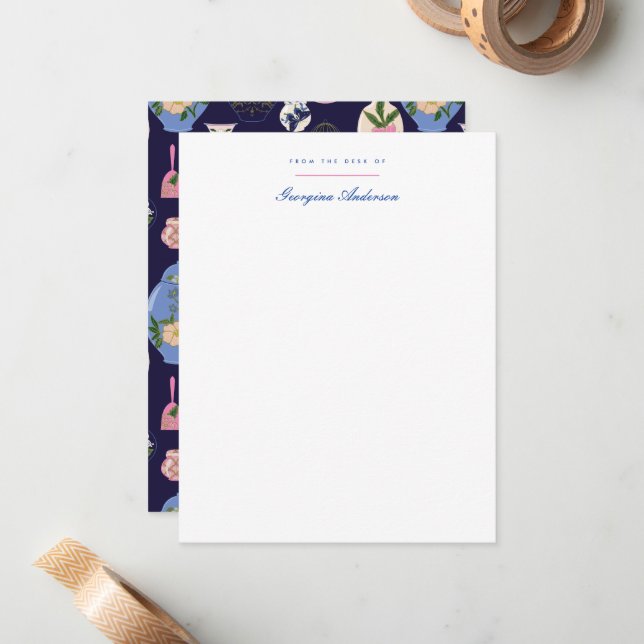 Pink Blue Vintage Vase Personal Stationery Note Card (Front/Back In Situ)