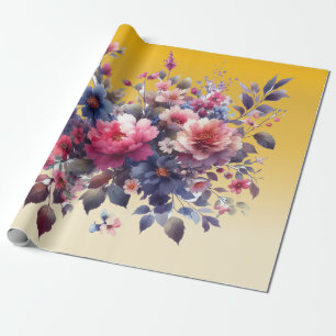 Pink Blue Watercolor Abstract Flowers Gold Wrapping Paper