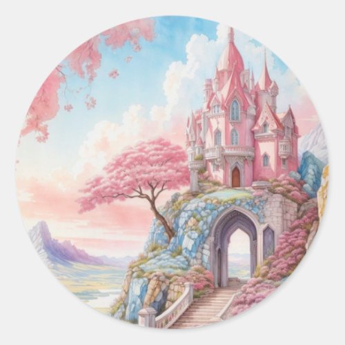 Pink Blue Watercolor Fantasy Castle  Classic Round Sticker