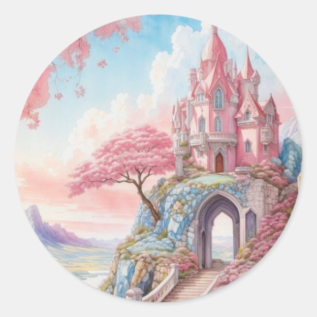 Pink Blue Watercolor Fantasy Castle  Classic Round Sticker (Front)
