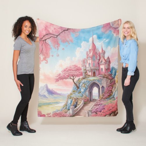 Pink Blue Watercolor Fantasy Castle  Fleece Blanket