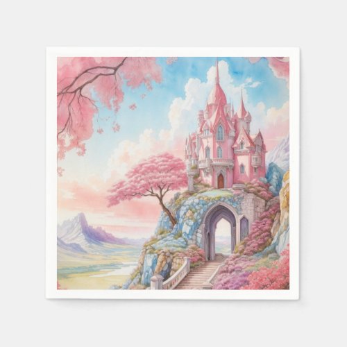 Pink Blue Watercolor Fantasy Castle  Napkins
