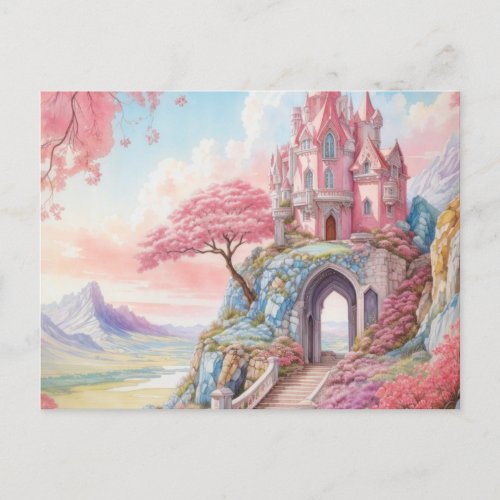 Pink Blue Watercolor Fantasy Castle  Postcard