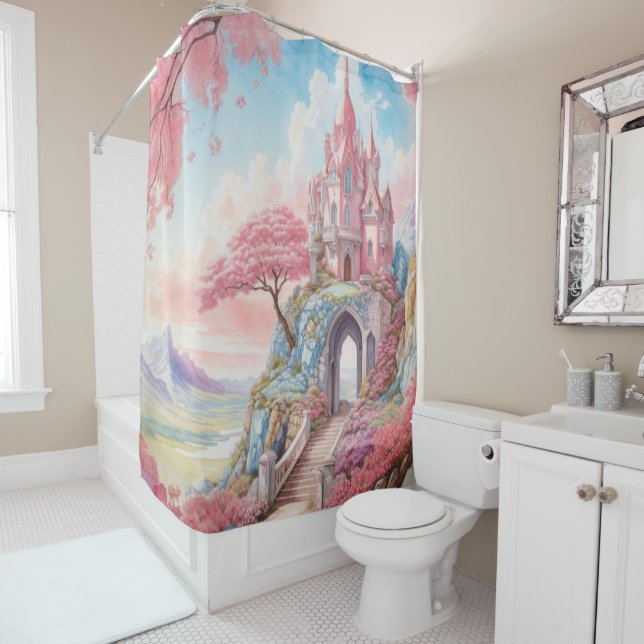 Pink Blue Watercolor Fantasy Castle  Shower Curtain (In Situ)