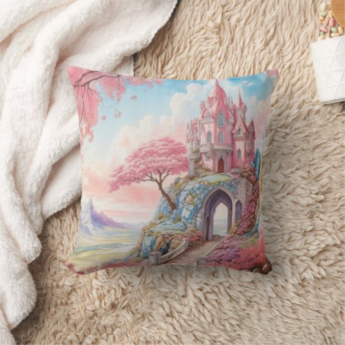 Pink Blue Watercolor Fantasy Castle  Throw Pillow