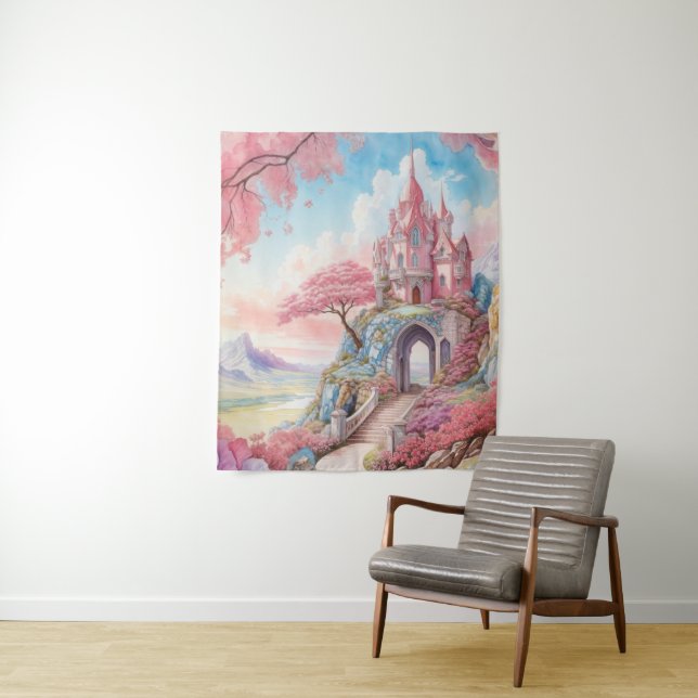 Pink Blue Watercolor Fantasy Castle Wall Art Tapestry (In Situ)