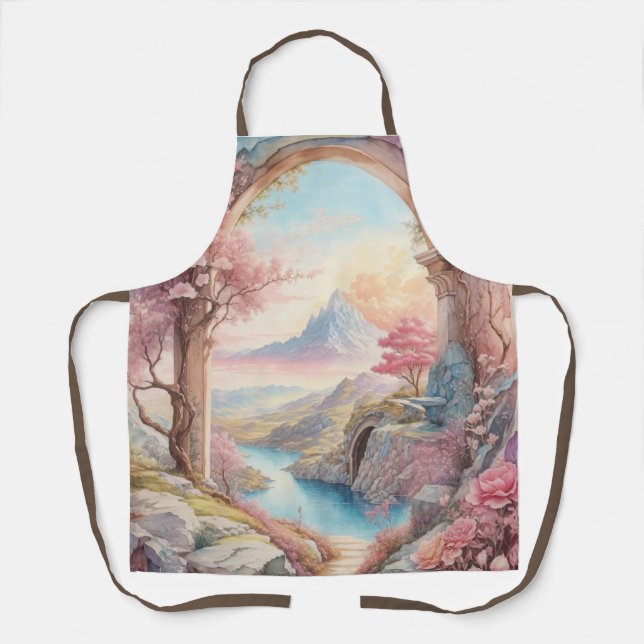 Pink Blue Watercolor Fantasy Landscape Apron (Front)