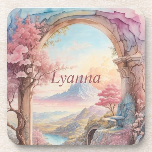 Pink Blue Watercolor Fantasy Landscape  Beverage Coaster