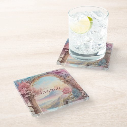 Pink Blue Watercolor Fantasy Landscape  Glass Coaster